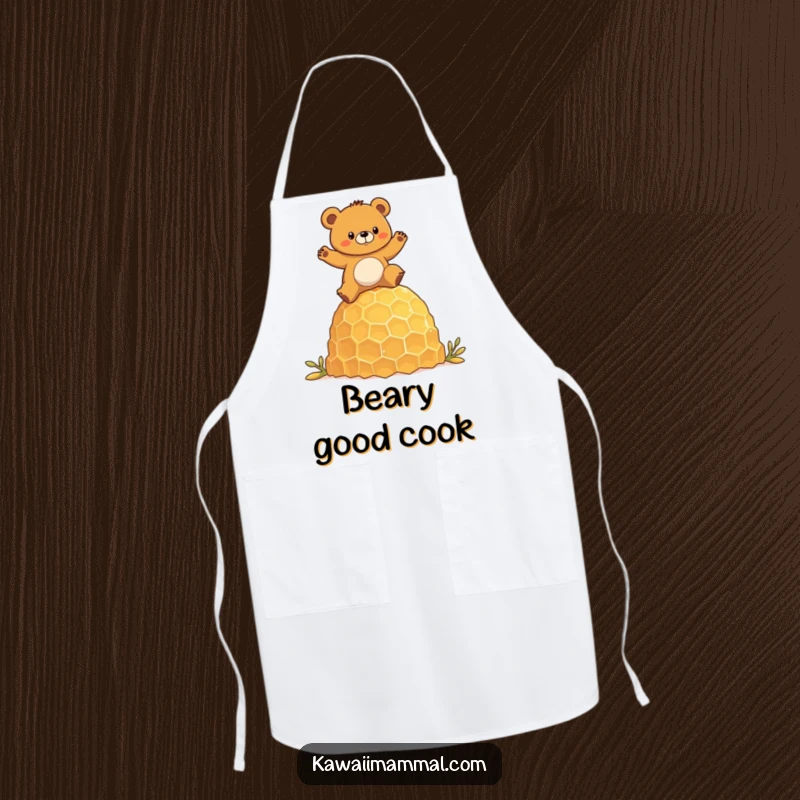 Funny apron depicting a determined bear character humorously balancing on a giant honeycomb, inspiring kitchen adventure.