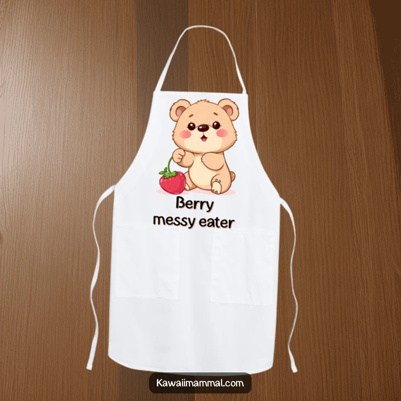 Funny Apron depicting a determined bear cub reaching for a juicy berry brush, perfect for a humorous cooking experience.