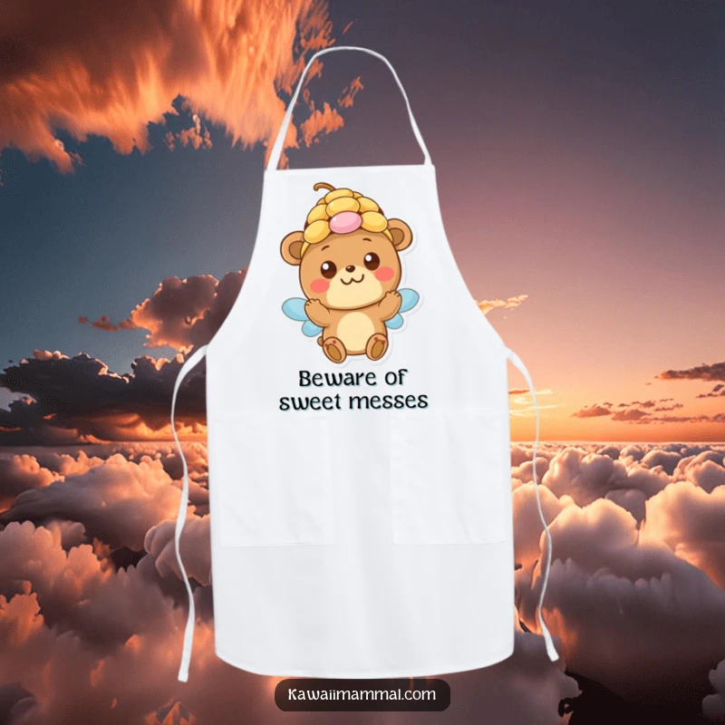 Funny Apron: A happy bear with innocent eyes playfully tries on a beehive while cooking, adding humor to any kitchen task.