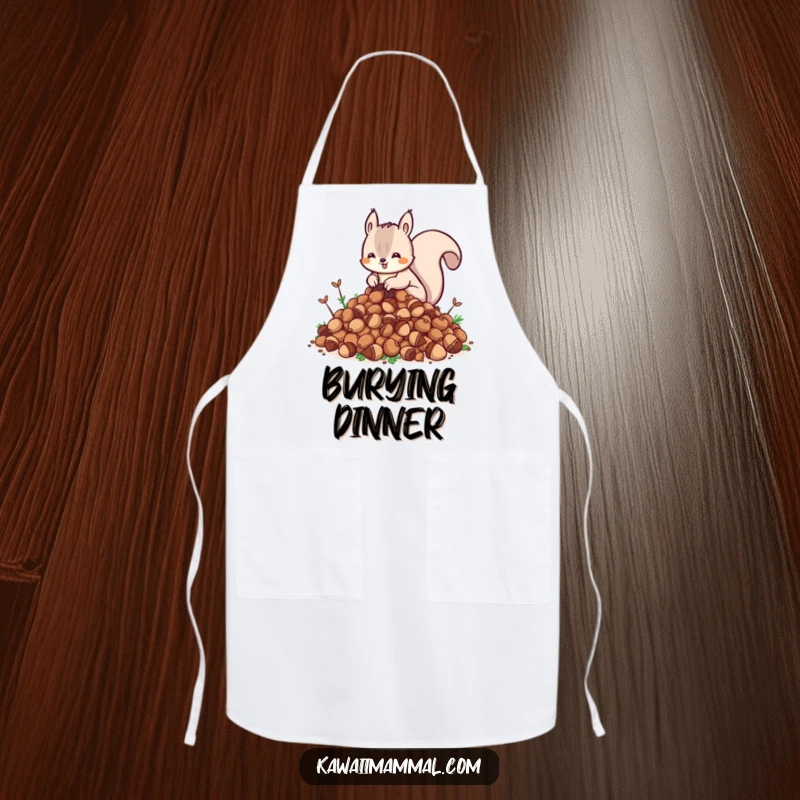 Funny Kawaii Squirrel Apron: A cute squirrel in a chef's hat enthusiastically guards a pile of acorns, perfect for a funny kitchen.