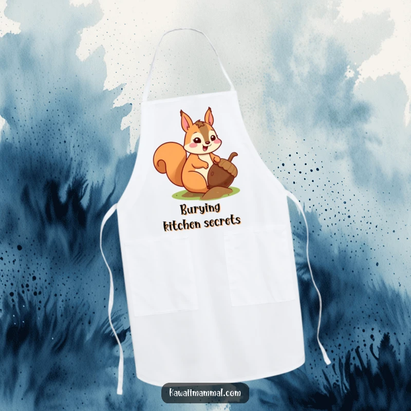 Funny kawaii squirrel energetically burying a huge acorn, on a functional apron, perfect for a cute kitchen.