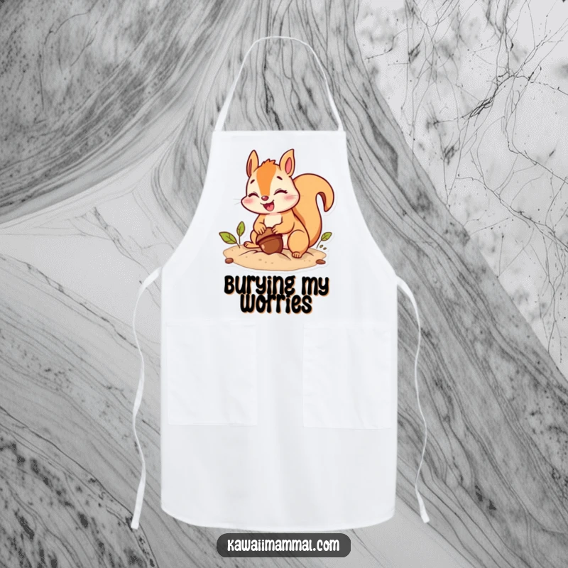 Funny squirrel apron showing a giggling character burying an acorn with comical effort, ideal for kitchen humor.