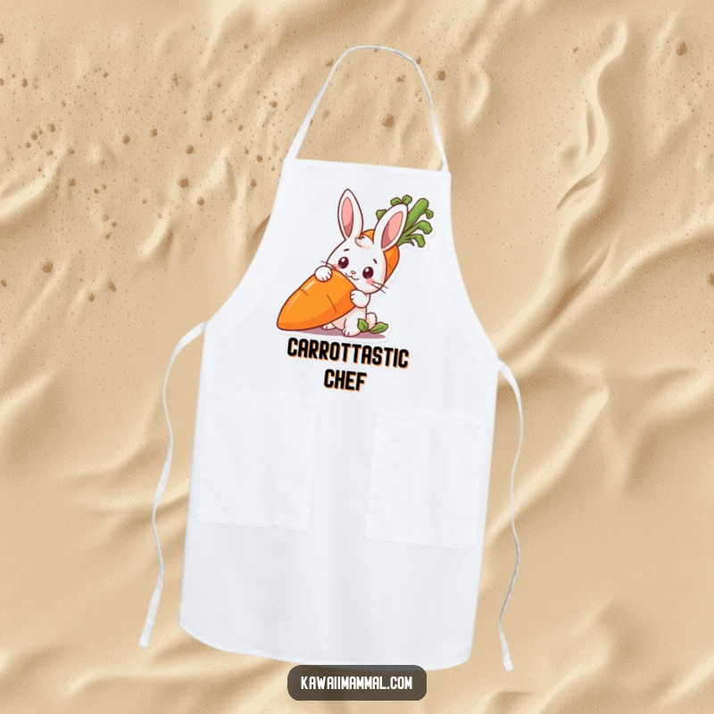 Funny rabbit character peeking from behind a large carrot on an apron, for a humorous cooking experience.