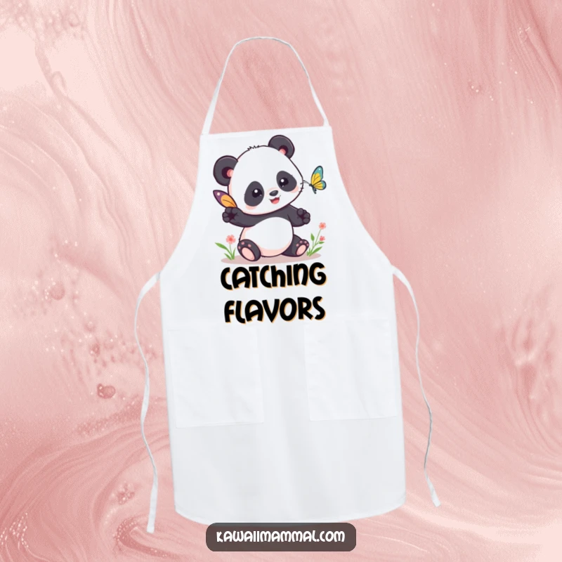 Funny Kawaii Panda Apron: A cute panda humorously tries to play tag with a butterfly, ready for kitchen adventures with this funny and practical apron.