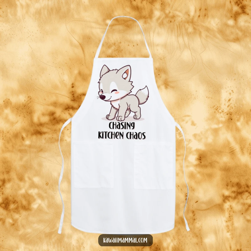 Funny Wolf Pup Apron: Adorable kawaii wolf pup playfully spinning while chasing its tail, a humorous kitchen essential.