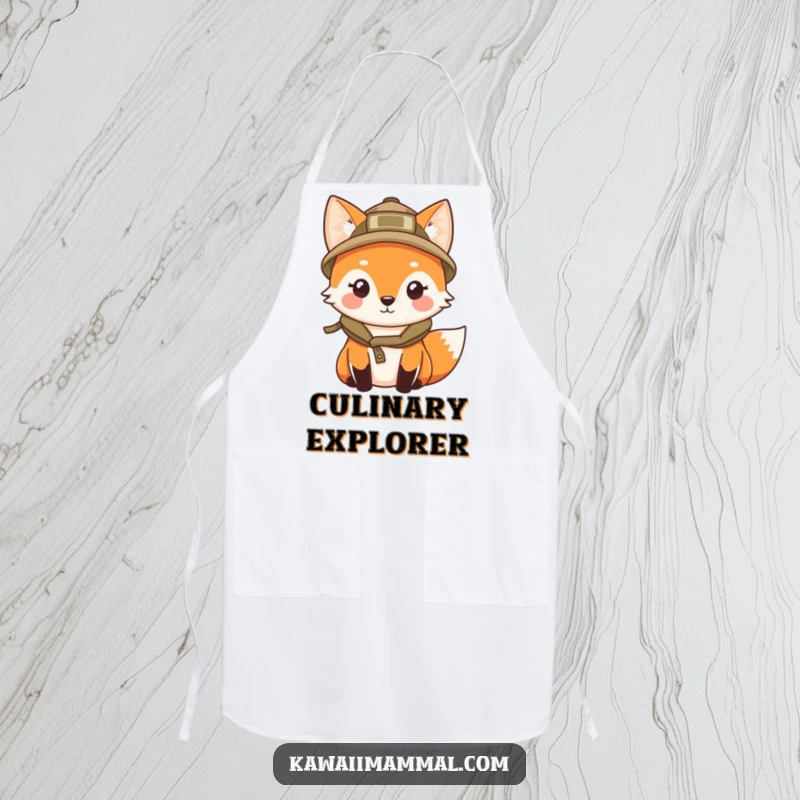 Funny apron featuring a kawaii fox in an explorer hat, curiously peering, perfect for kitchen adventures.
