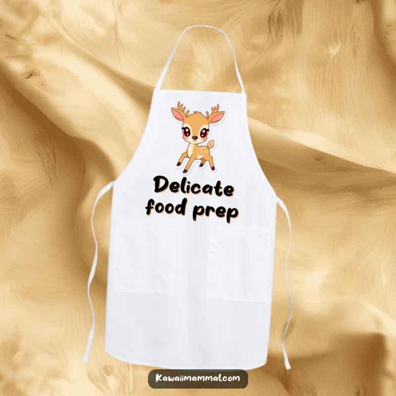 Funny kawaii deer with wide eyes, prancing with grace, on a functional apron, perfect for cute and funny kitchen decor.