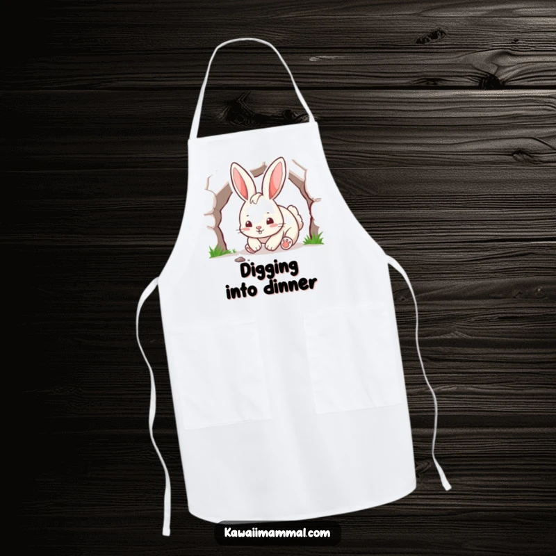 Funny rabbit character, energetically digging a tunnel, featured on a humorous and practical apron.