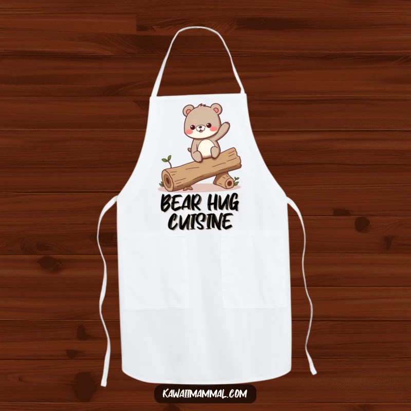 Funny apron showing a curious bear character excitedly balancing on a wobbling log, ready for kitchen adventures.