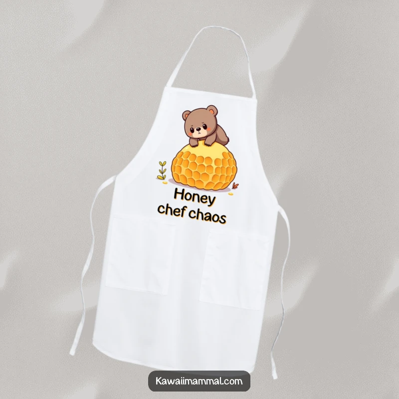 Funny apron showing a determined bear balancing on a giant honeycomb, perfect for kitchen tasks and humorous appeal.