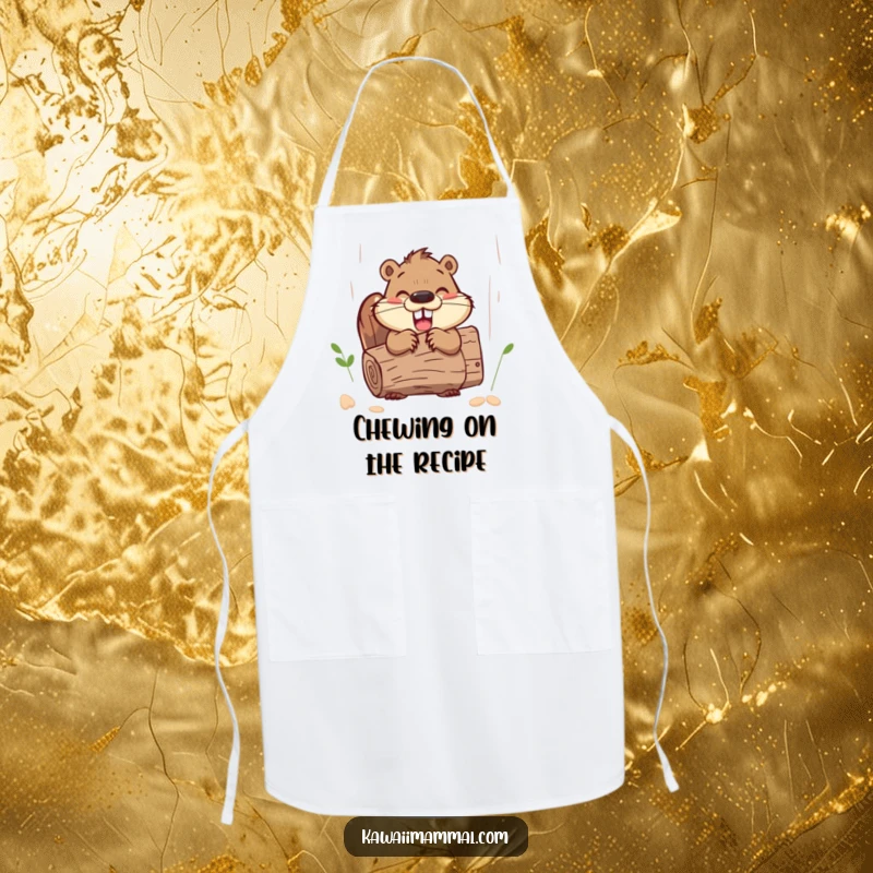 Funny beaver character, focused on gnawing a log, featured on a humorous and practical apron.