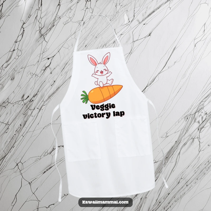 Funny apron showing a cheerful bunny character mid-leap over a very large carrot, ready for kitchen fun.