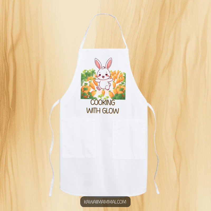 Funny rabbit apron showing a cheerful character hopping through a field of glowing carrots, perfect for kitchen fun and protecting outfits.