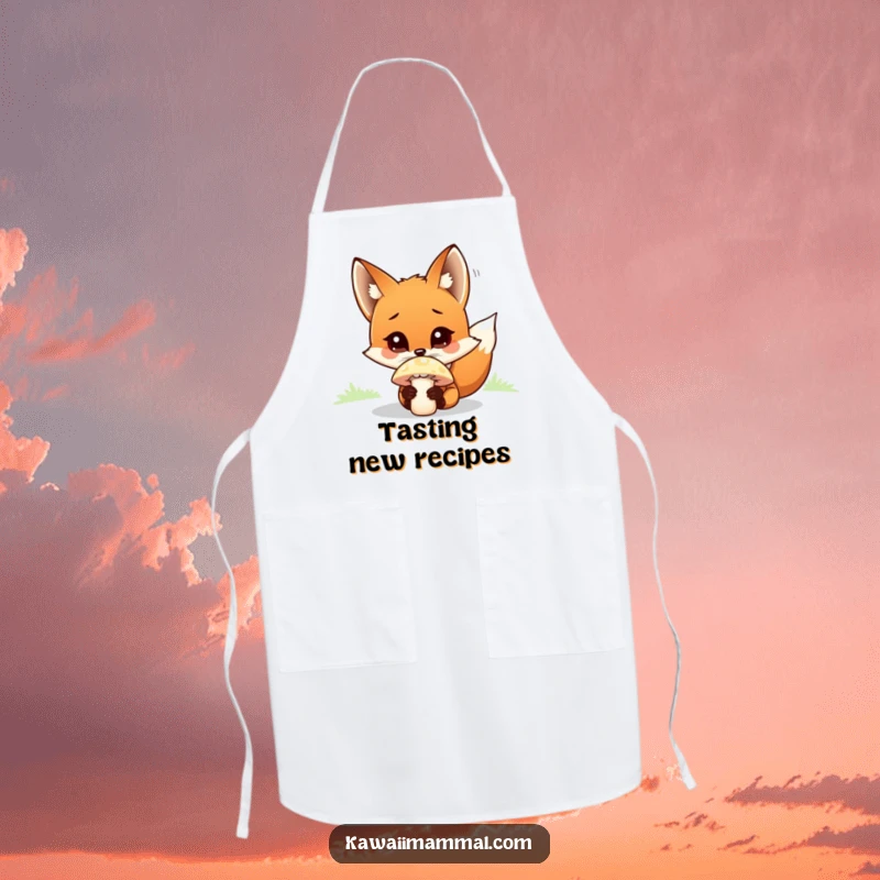 Funny fox character, curiously sniffing a bright mushroom, featured on a humorous and practical apron.