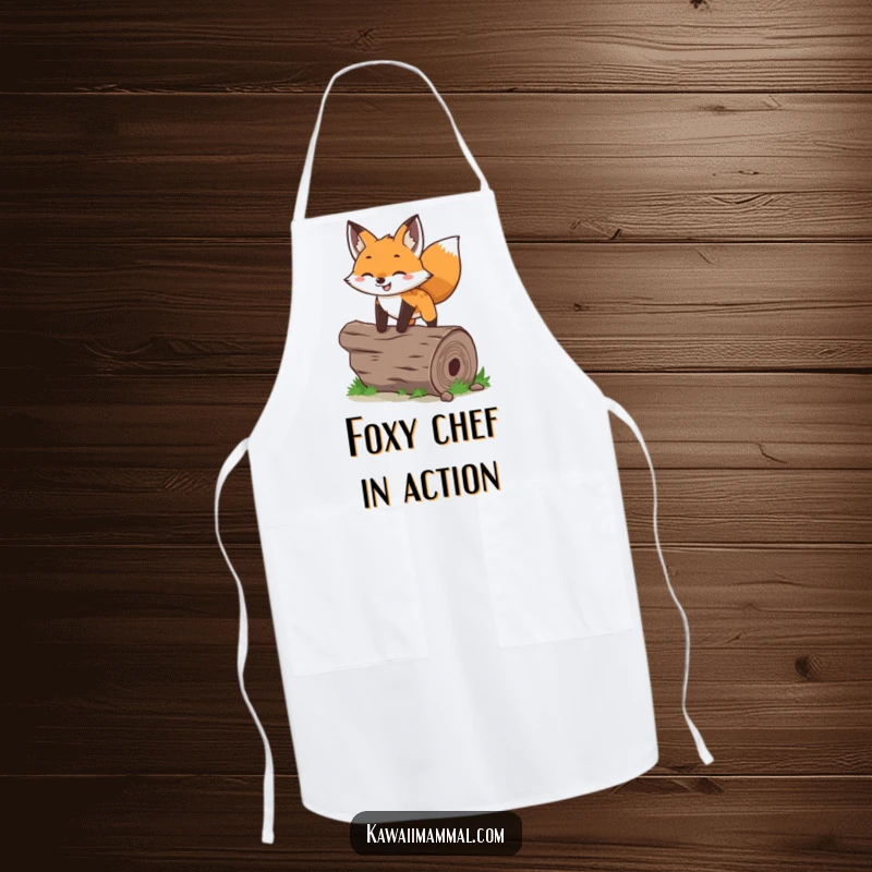 Funny fox apron featuring a happy character in mid-leap over a log, perfect for adding humor to cooking.