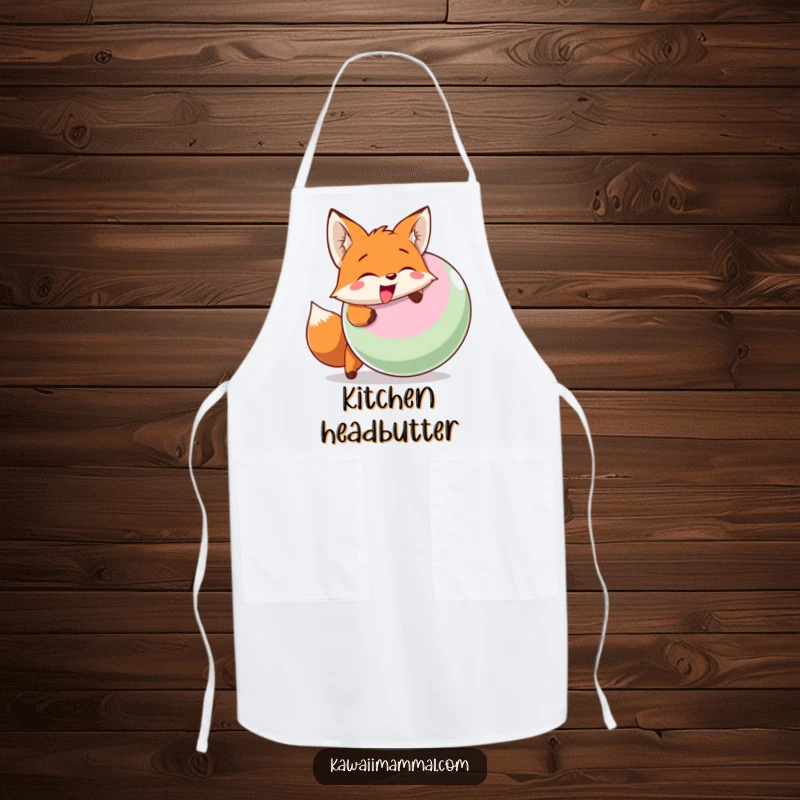 Funny apron showing a smiling fox character enthusiastically head-butting a large inflatable ball, ready for kitchen play.