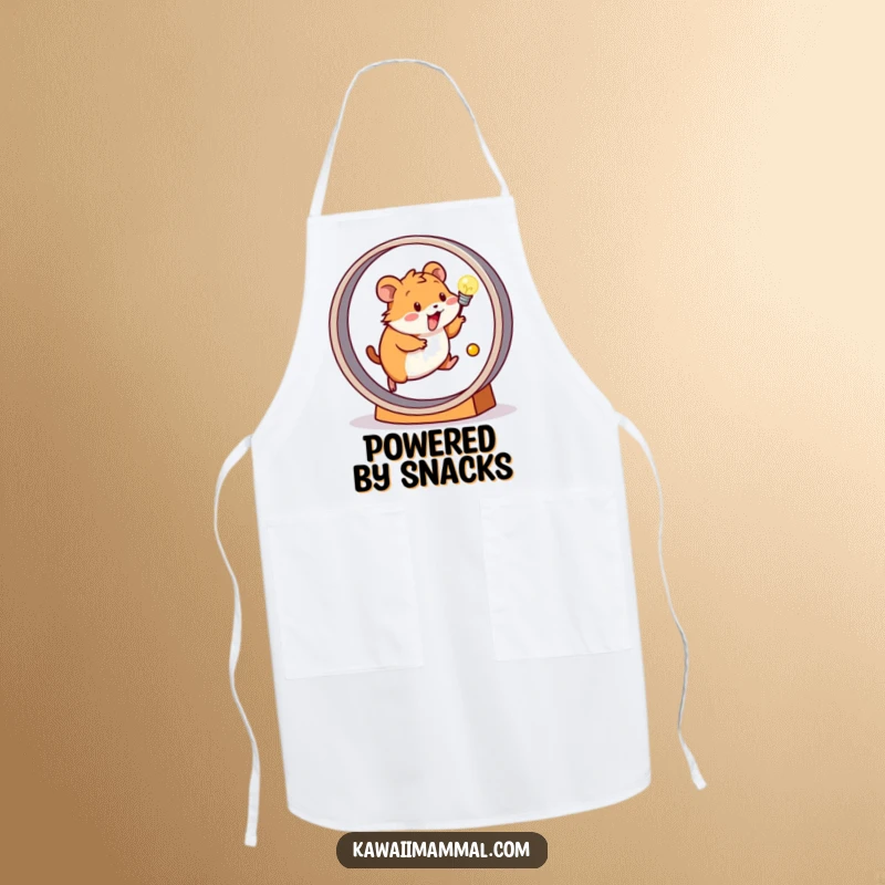 Funny apron with a happy hamster running on a wheel, its motion lighting up a small bulb above, for a motivated cook.