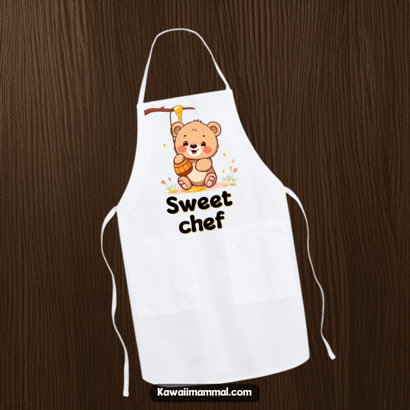 Funny apron featuring a kawaii bear cub enthusiastically batting at a honey pot, perfect for sweet kitchen fun.