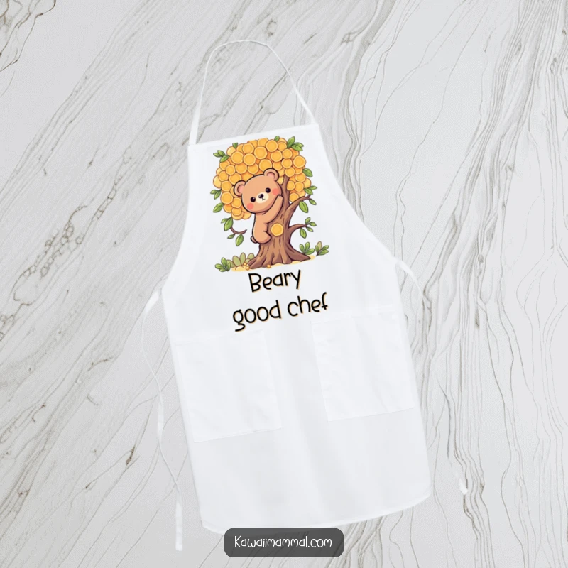 Funny apron featuring a Kawaii bear character climbing a honeycomb tree, perfect for kitchen protection with a sweet, adventurous design.