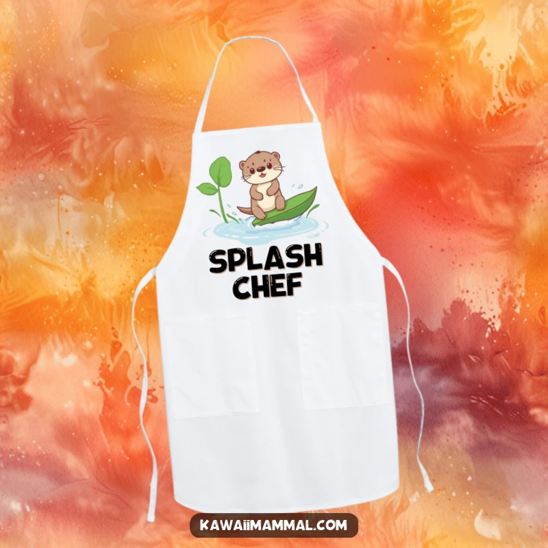 Funny Kawaii Otter Apron: A cute otter surfs a leaf in a puddle, ready for kitchen adventures with this funny and practical apron.