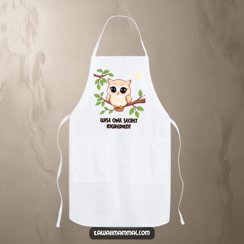 Funny kawaii owl apron featuring a character perched on a branch, observing with wide eyes, perfect for adding wisdom to cooking.