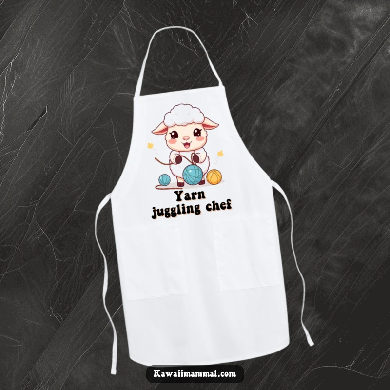 Funny Apron: A cute kawaii sheep happily juggling yarn. Perfect for crafting and as a funny gift.