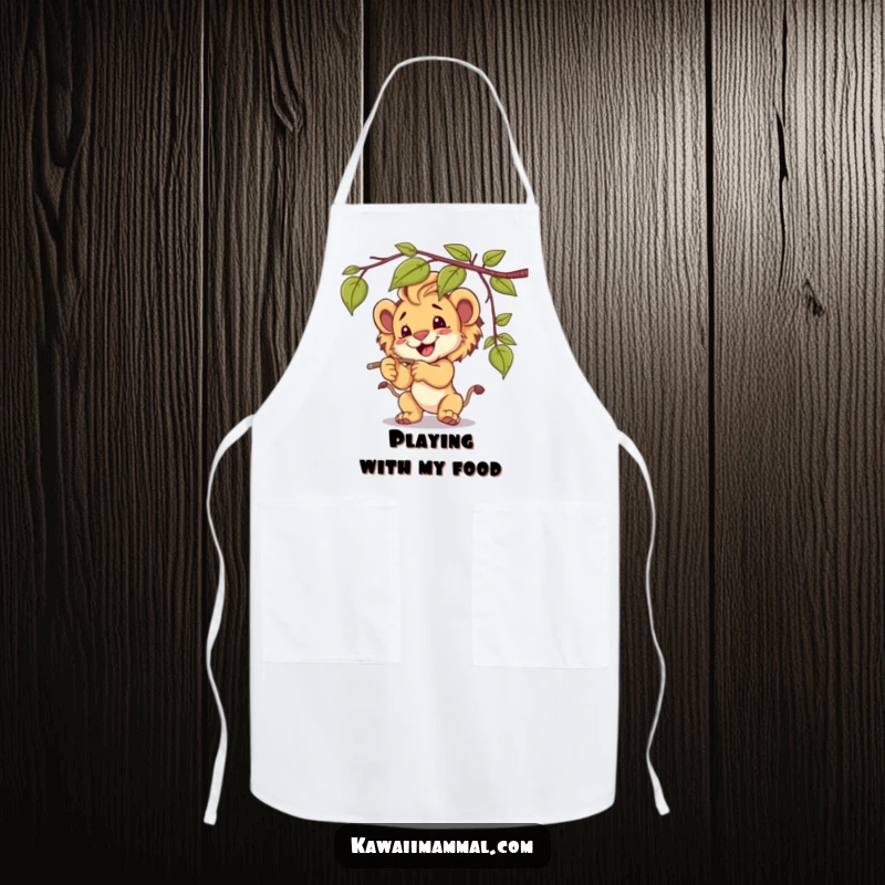 Funny lion cub apron, shown batting at a dangling vine, adding a playful touch to kitchen activities.