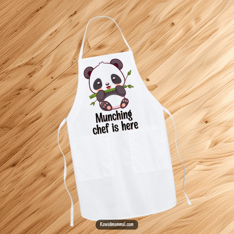 Funny Panda Apron: Adorable kawaii panda happily eating bamboo, a humorous and practical kitchen accessory.