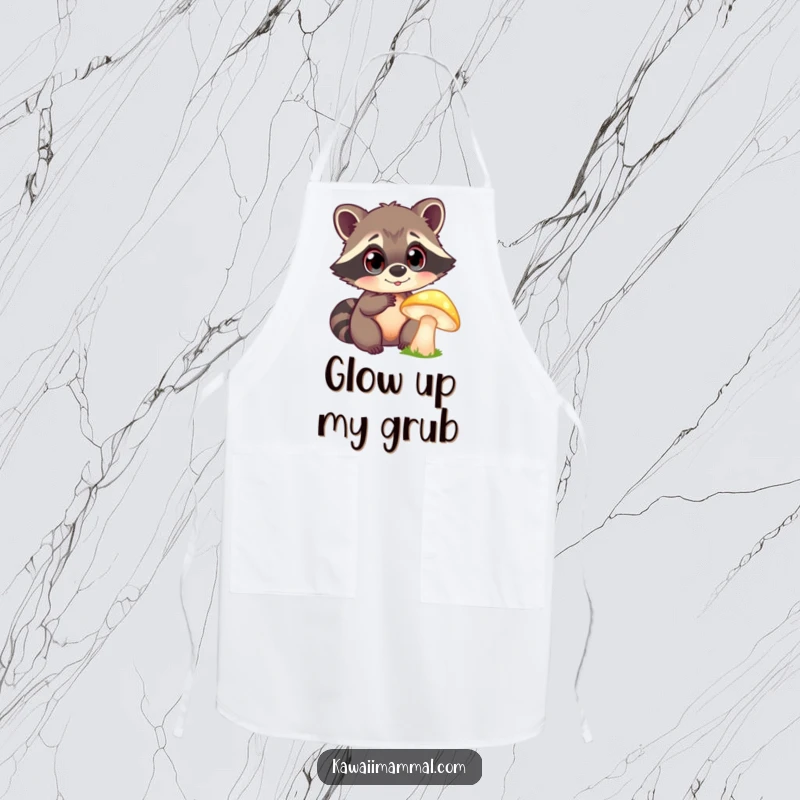 Funny Apron: A curious raccoon with large, bright eyes examines a glowing mushroom while cooking, bringing whimsy to the kitchen.