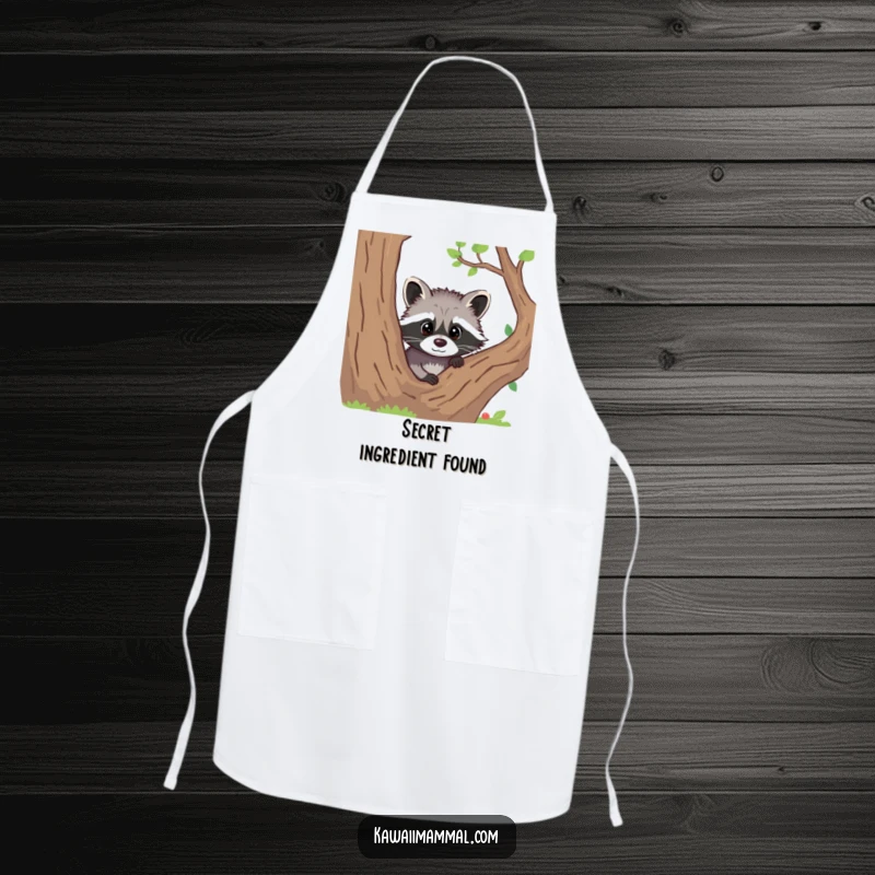 Funny cooking apron depicting a curious raccoon peeking from behind a tree, ideal for kitchen fun.