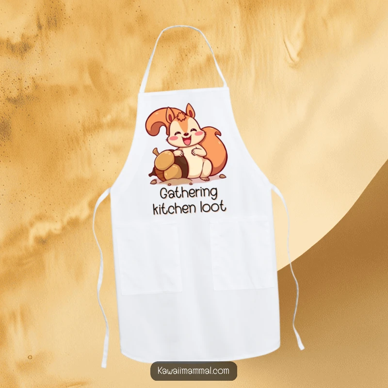 Funny apron showing an excited squirrel burying a huge acorn, ready to prepare delicious, funny meals with woodland flair.