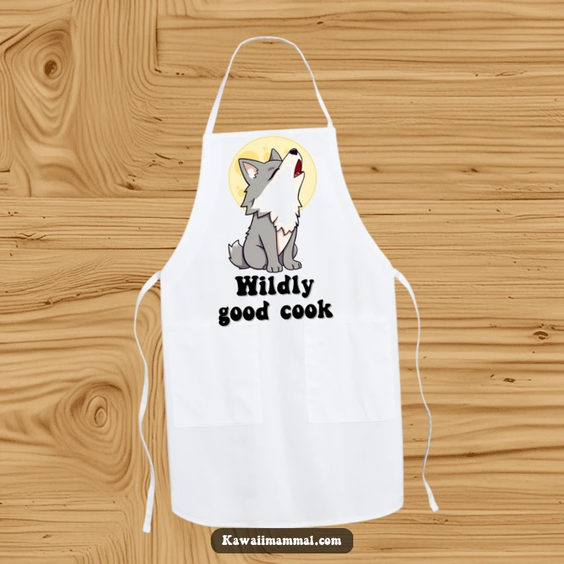 Funny Wolf Apron with a proud wolf character howling at a cartoon moon, perfect for kitchen antics and culinary adventures.