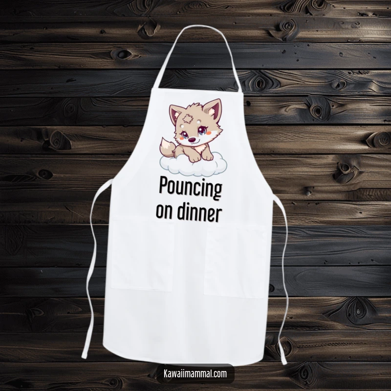 Funny Wolf Cub Apron featuring a playful cub with bright eyes, cautiously pouncing on a fluffy cloud, making kitchen time magical.