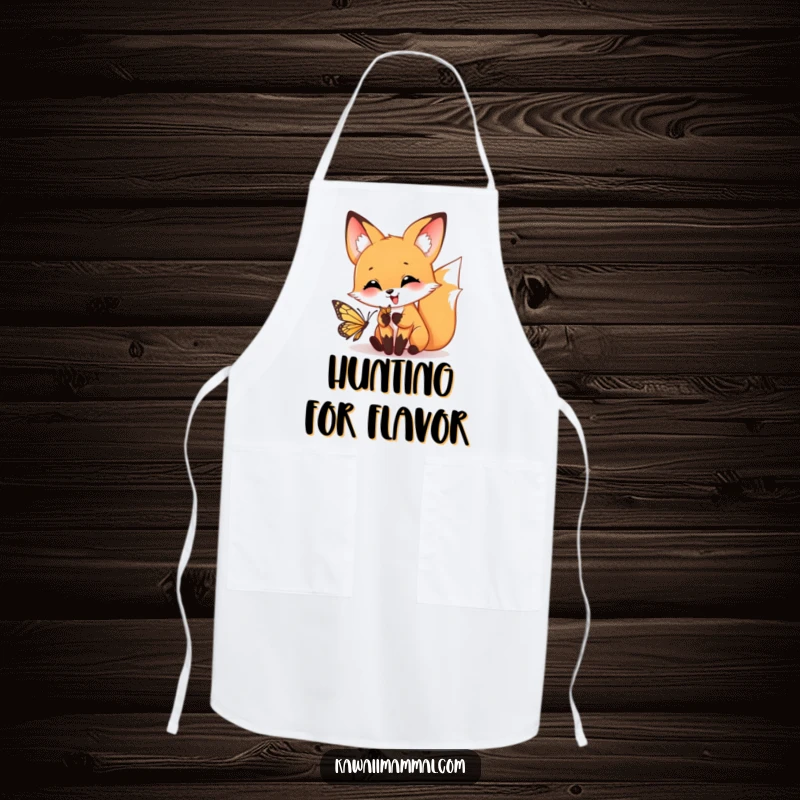 Funny apron featuring a happy fox playfully pouncing towards a butterfly, great for kitchen antics.