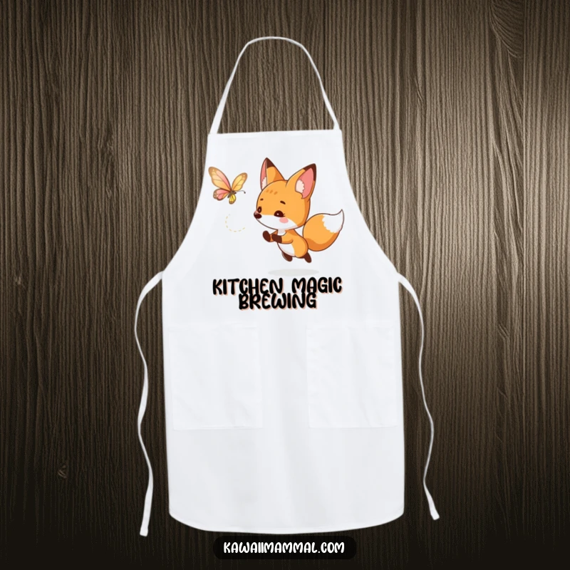 Funny fox apron showing a curious character playfully chasing a luminous butterfly, perfect for kitchen fun and protecting outfits with style.