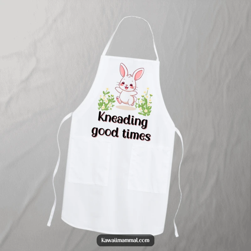 Funny apron featuring a cute bunny hopping with excitement through a field of clover, perfect for kitchen fun.