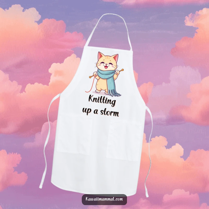 Funny apron featuring a Kawaii cat attempting to knit a giant scarf while balancing on one paw, ideal for kitchen or craft protection.