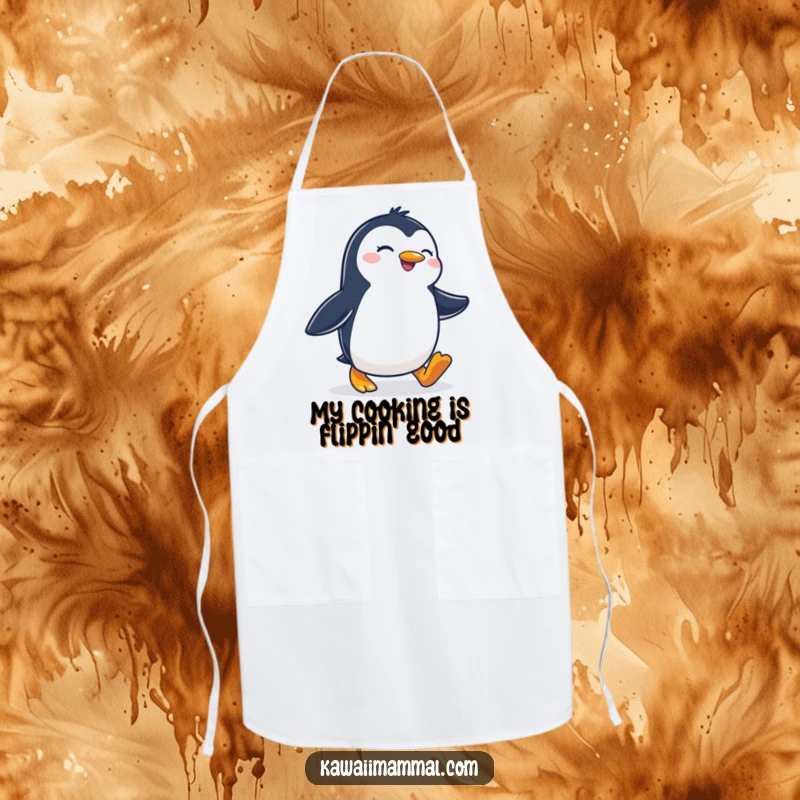 Funny apron showing a joyous penguin waddling with a determined stride, designed for kitchen protection and humorous motivation.