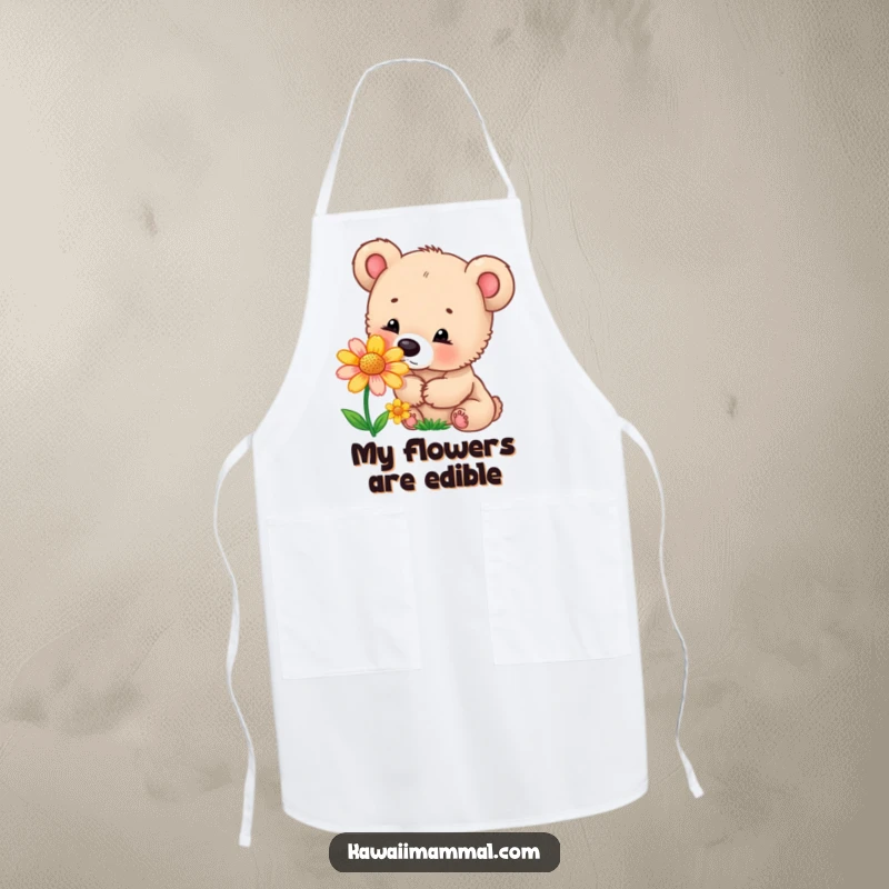 Funny apron showing a curious bear cub sniffing a colorful flower, designed for kitchen protection with a charming and humorous touch.