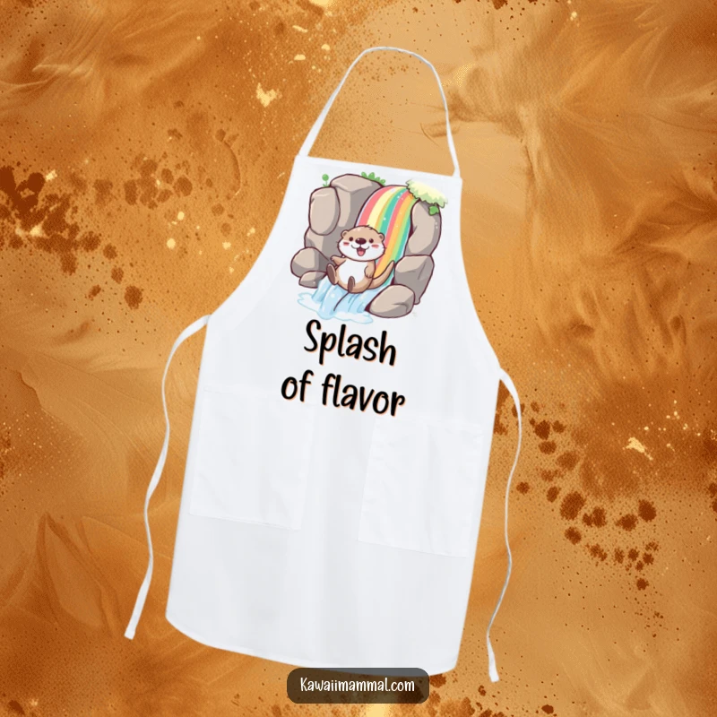 Funny otter apron showing a playful character joyfully sliding down a rainbow waterfall, perfect for kitchen fun and protecting outfits.