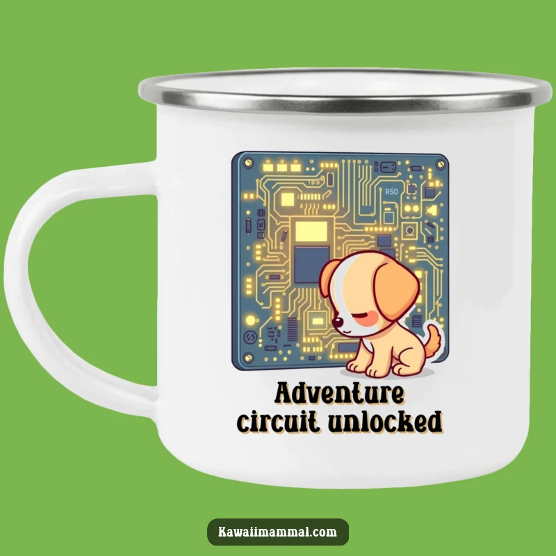 Funny Puppy Camping Mug: Curious Pup & Glowing Circuit Board - Outdoor Tech Fun Gift