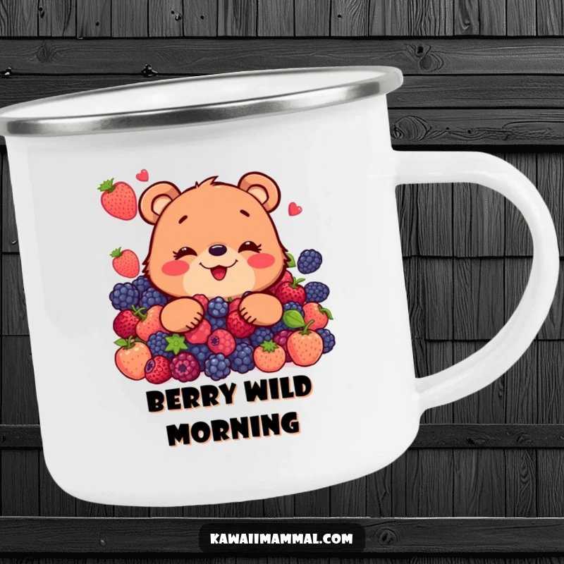 Funny camping mug featuring a happy bear character enjoying a pile of berries by a campfire, embodying outdoor bliss.