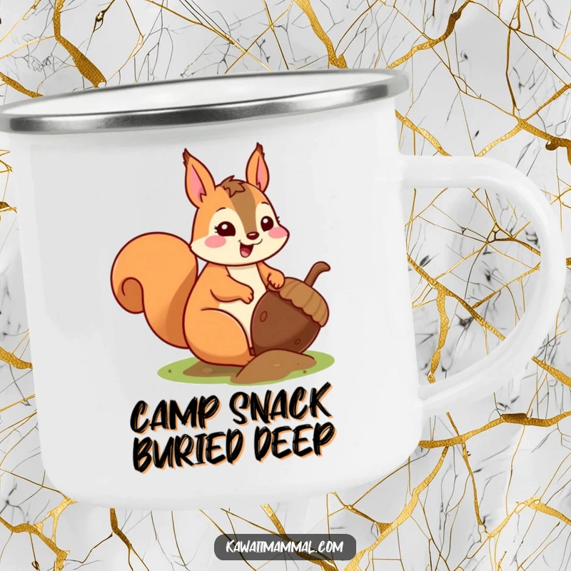 Funny kawaii squirrel burying an oversized acorn, on a rugged camping mug, perfect for outdoor enthusiasts.