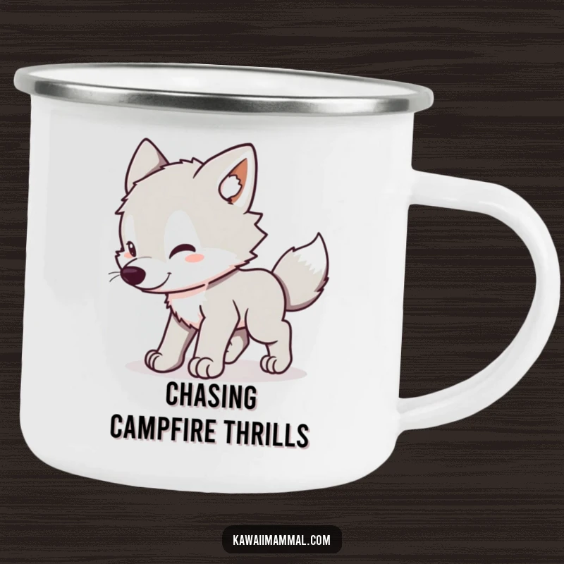 Funny Wolf Pup Camping Mug: Sturdy kawaii pup playfully chasing its tail, ready for any outdoor adventure.