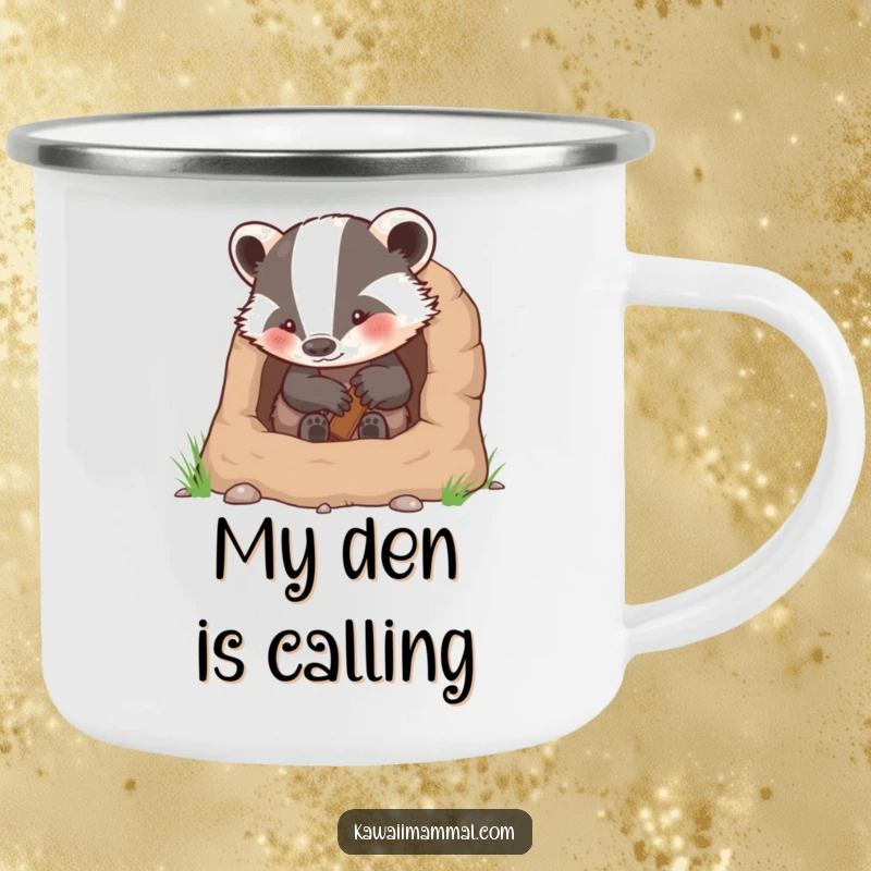 Funny enamel camping mug showing a determined badger character building a cozy burrow in a natural setting.