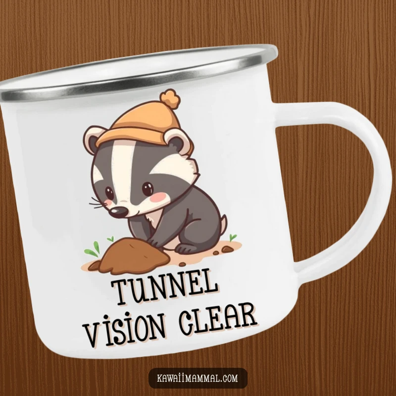Funny camping mug with a determined badger wearing a tiny hat digging, ideal for enjoying drinks with a side of adventurous humor.