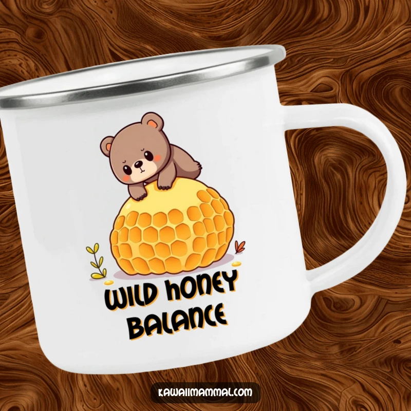 Funny camping mug with a determined bear balancing on a honeycomb, perfect for outdoor use and as a funny gift.