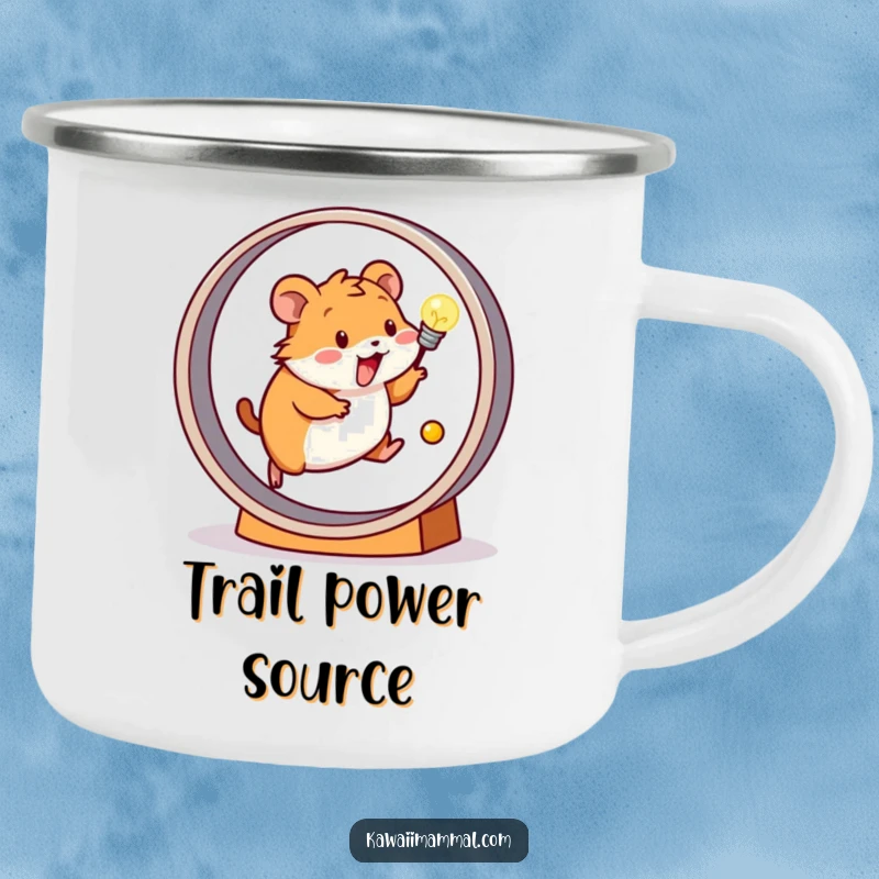 Funny camping mug showing a happy hamster on a wheel powering a small light bulb, ideal for outdoor energy.