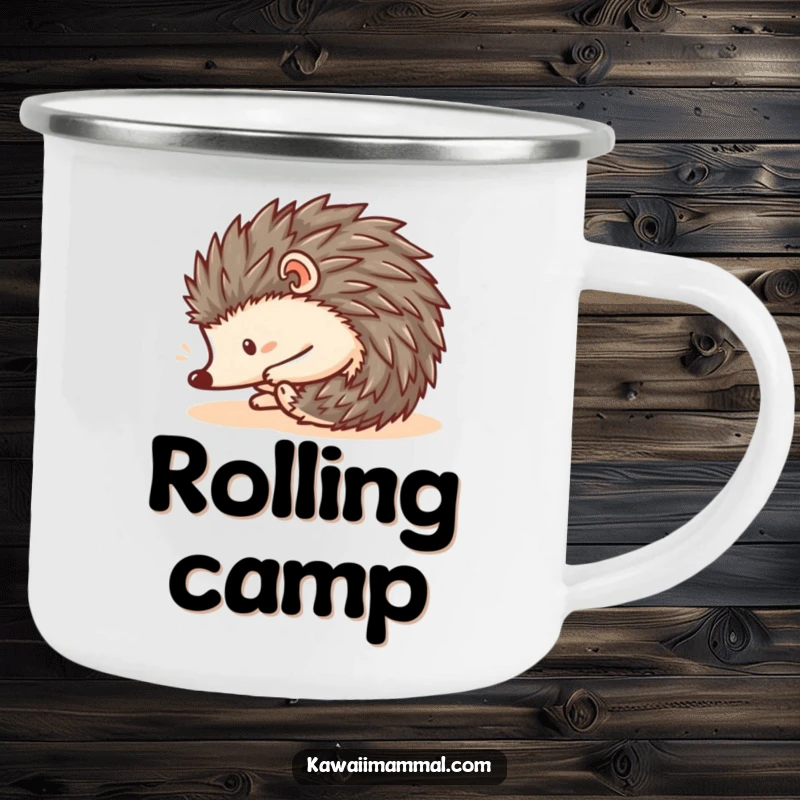 Funny Kawaii Hedgehog Camping Mug: A cute hedgehog in a perfect ball shape rolls downhill, ready for outdoor excursions with funny flair.