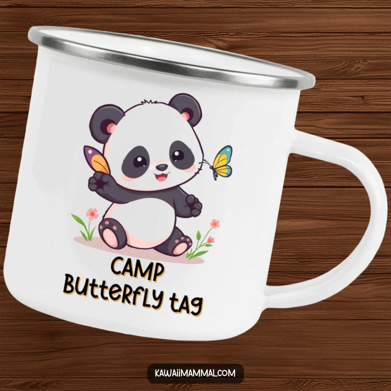 Funny Kawaii Panda Camping Mug: A cute panda humorously plays tag with a butterfly, ready for outdoor excursions with funny charm.